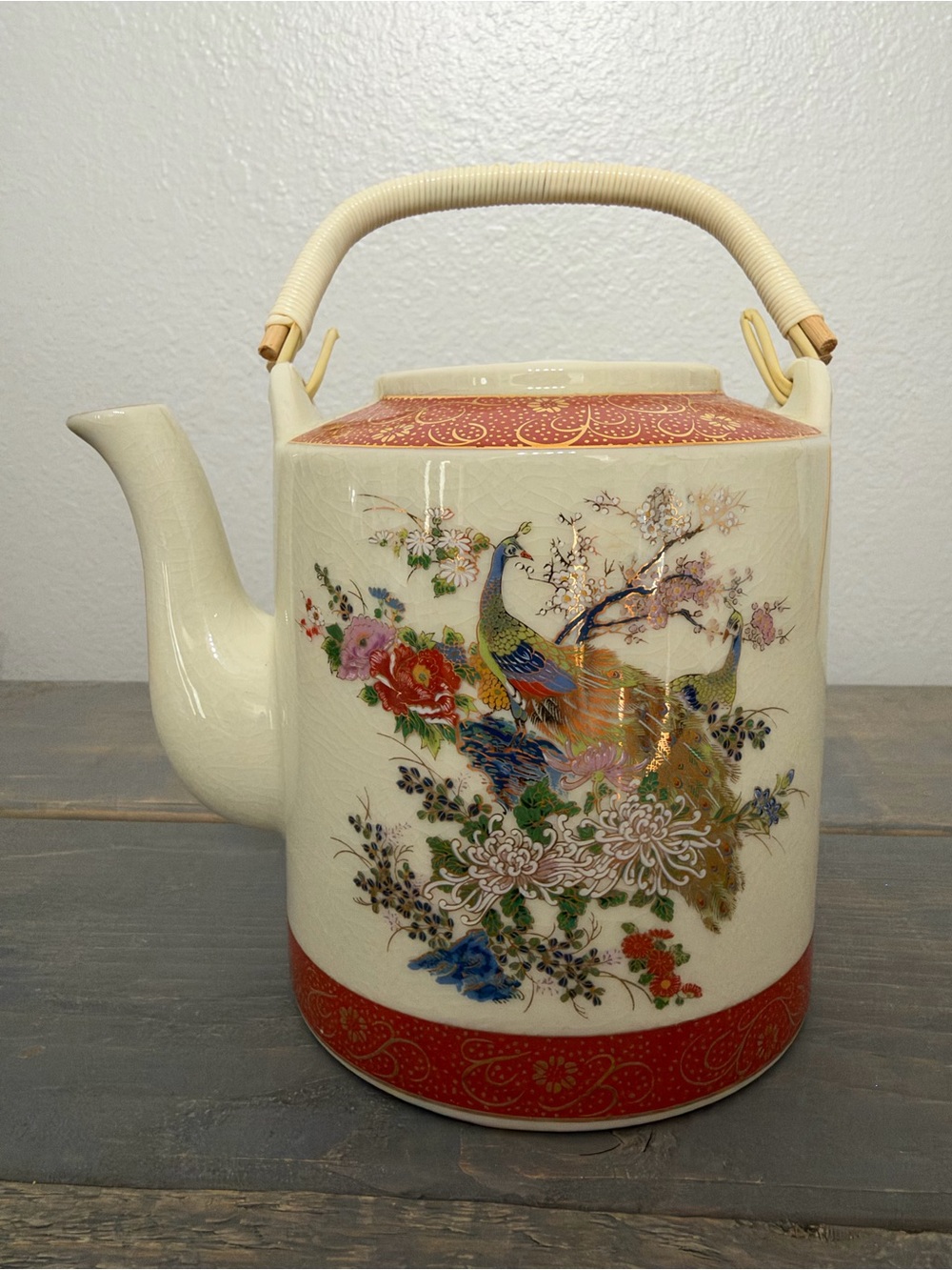 Vintage Satsuma Japan Peacock Floral Teapot Wicker Handle RedOrange Gold Ceramic